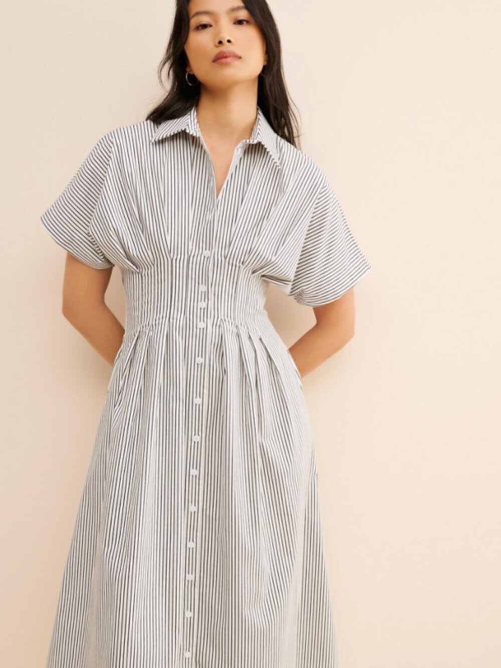 Anthropologie Exquise Tobie Button Front Pleated Midi Shirt Dress Tailored Sz S